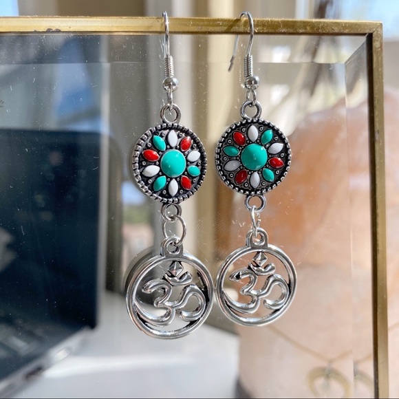 3/$15 Silver Boho Mandala Namaste Dangle Earrings - Picture 7 of 7